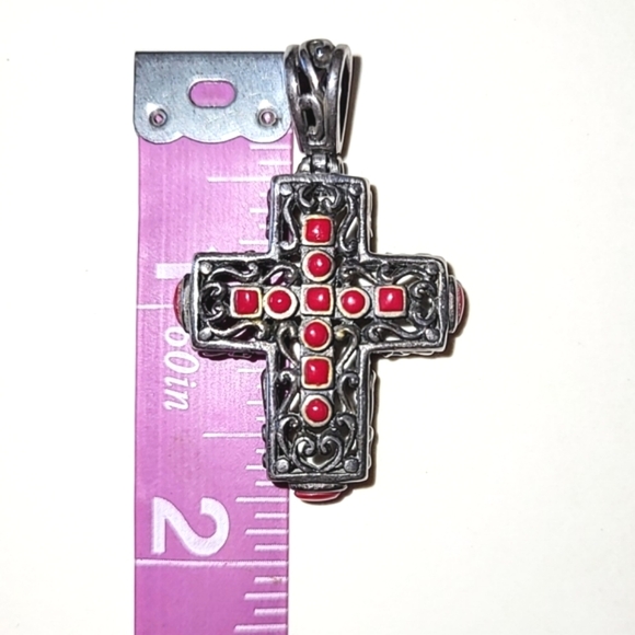 925 RED CORAL CROSS PENDANT - STERLING SILVER ORNATE FILIGREE - Picture 5 of 6